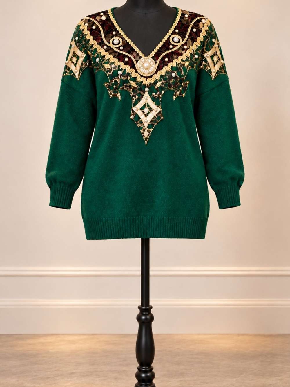 Embellished Green V-Neck Sweater with Ornate Jewel Trim